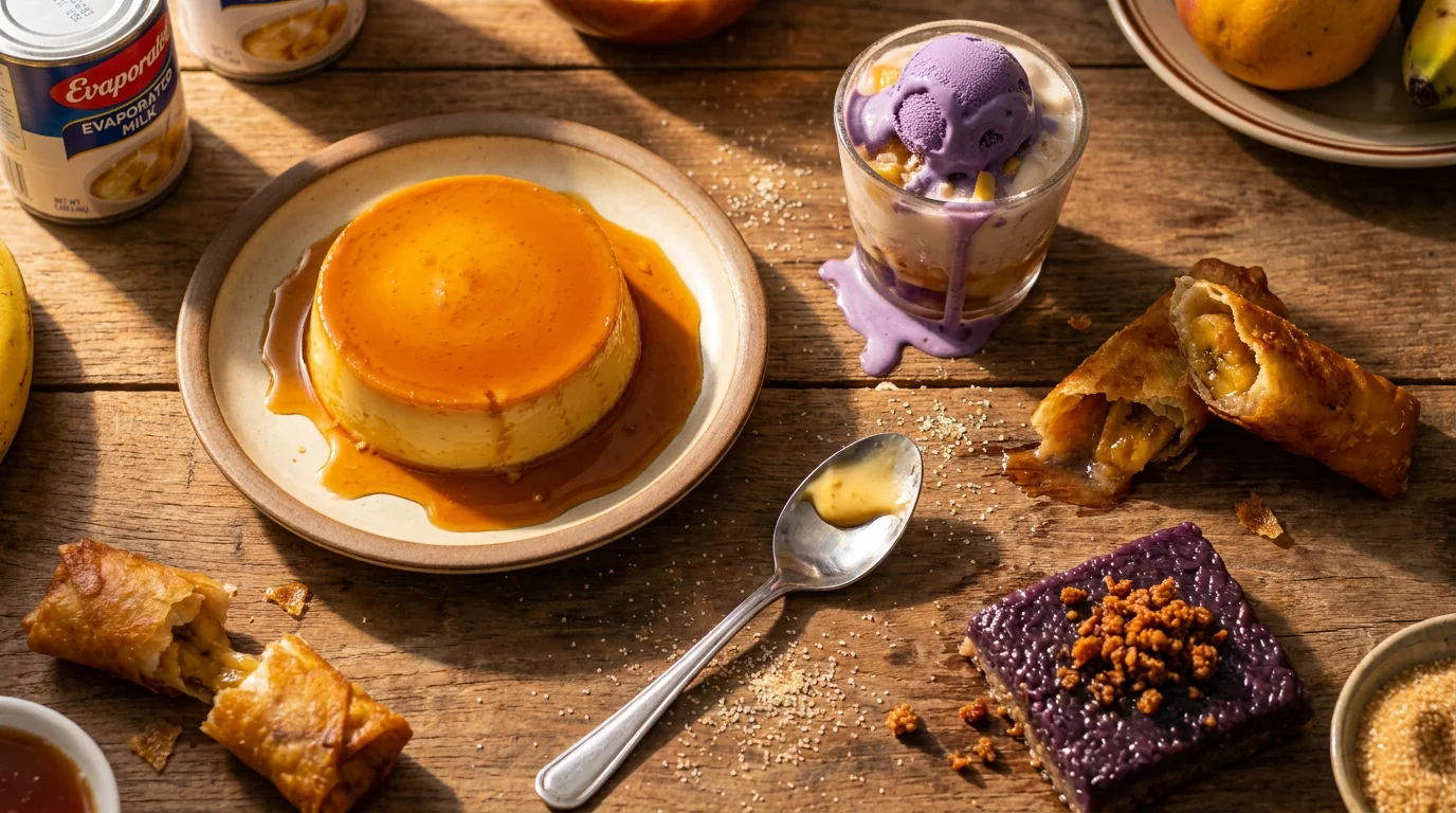 A spread of Filipino desserts — halo-halo, leche flan, and ube halaya — on a warm wooden table